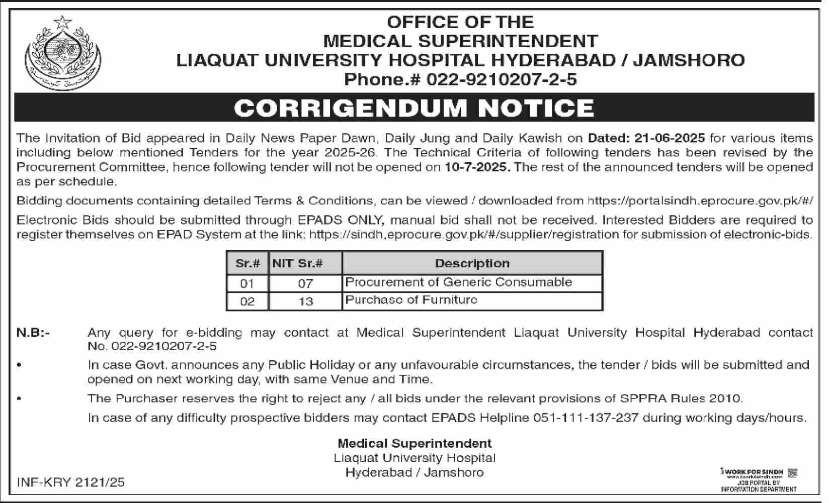 Liaqat University Hospital Hyderabad, Jamshoro Tender Notice